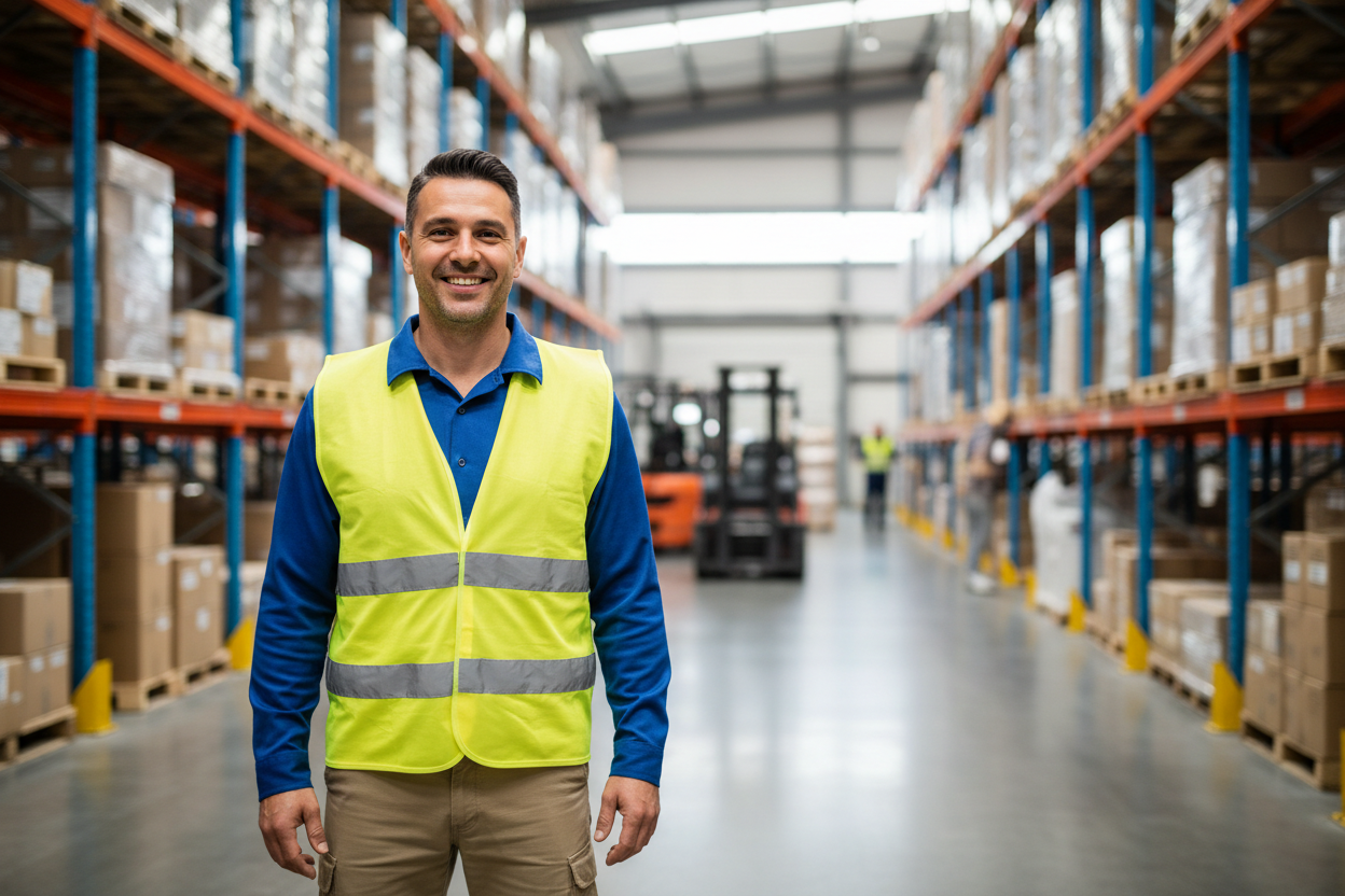 Guy in a logistics smiling yellow vest